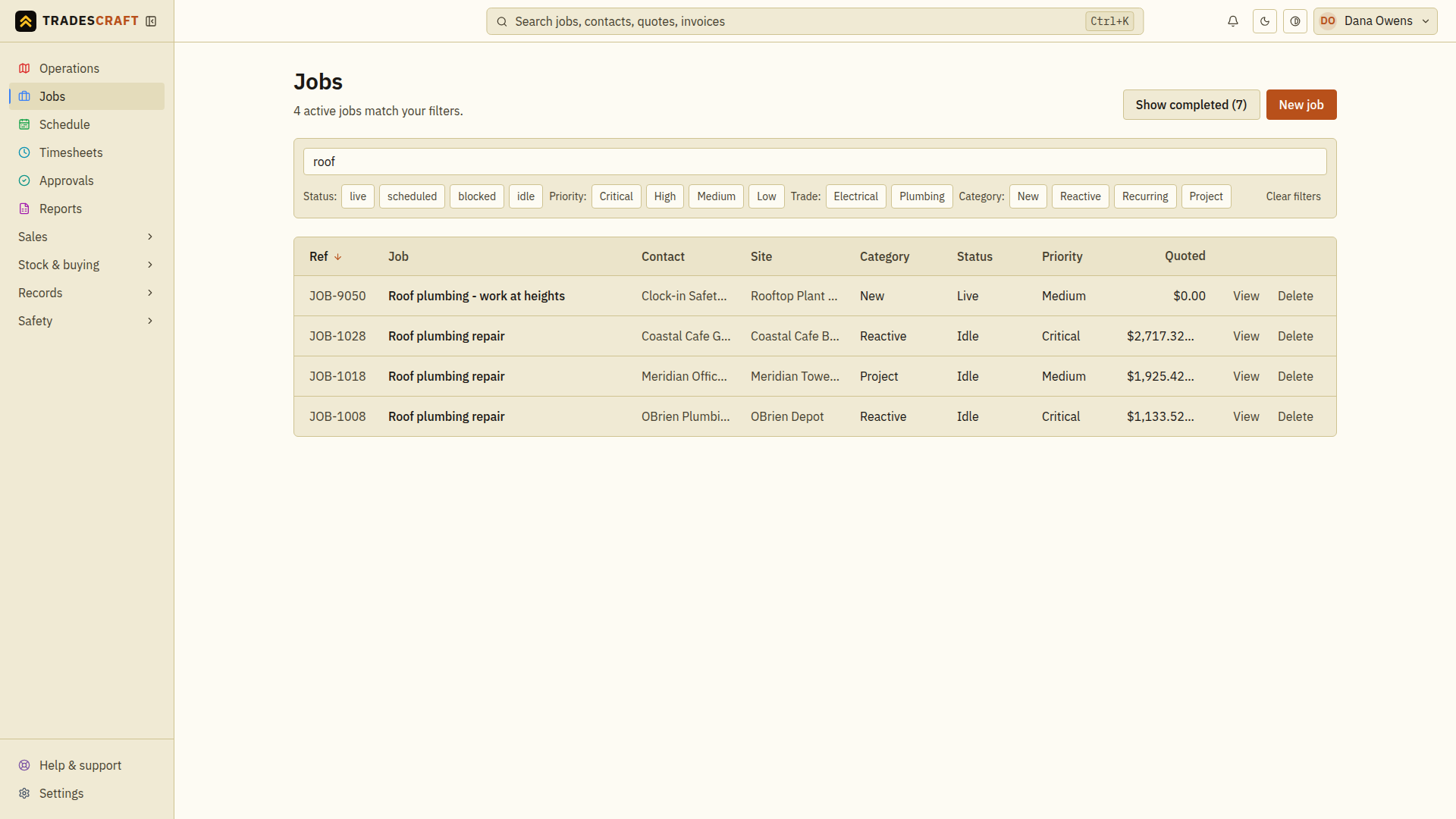The jobs list with its search box in use