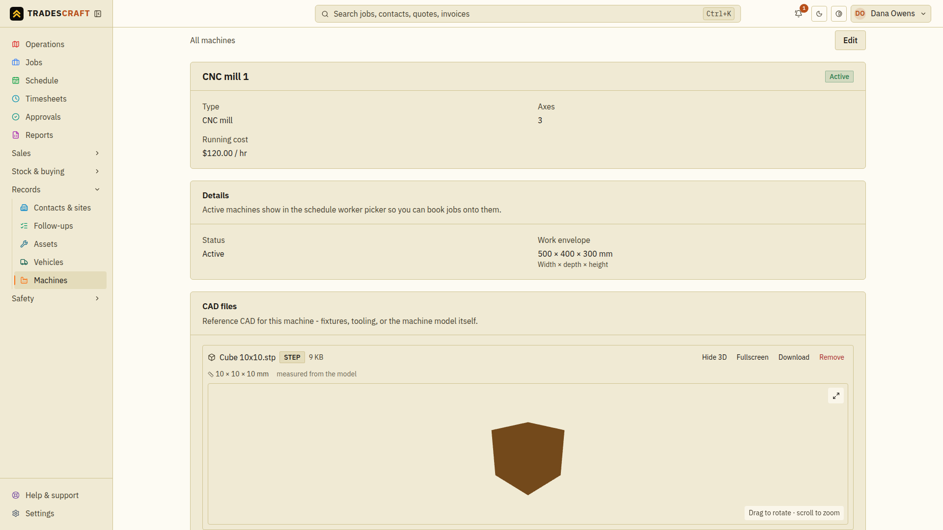 The CAD files section with a 3D model attached