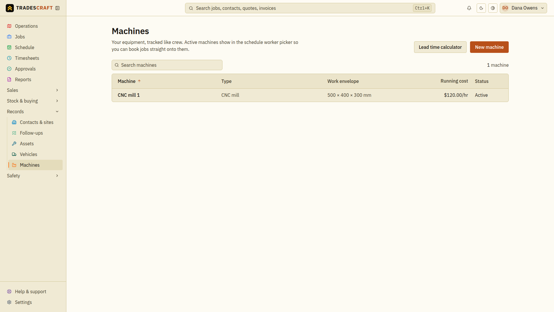 An example saved machine in the Machines list