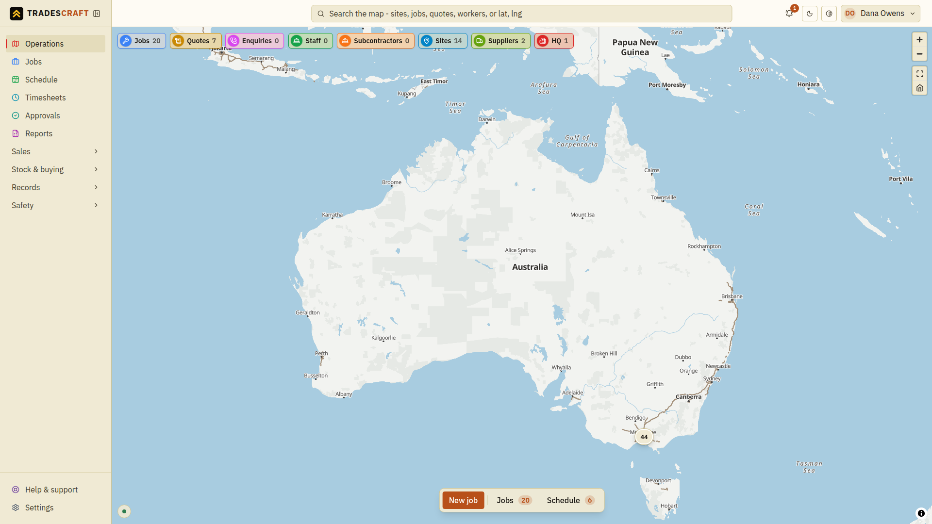 The Operations map with jobs and sites