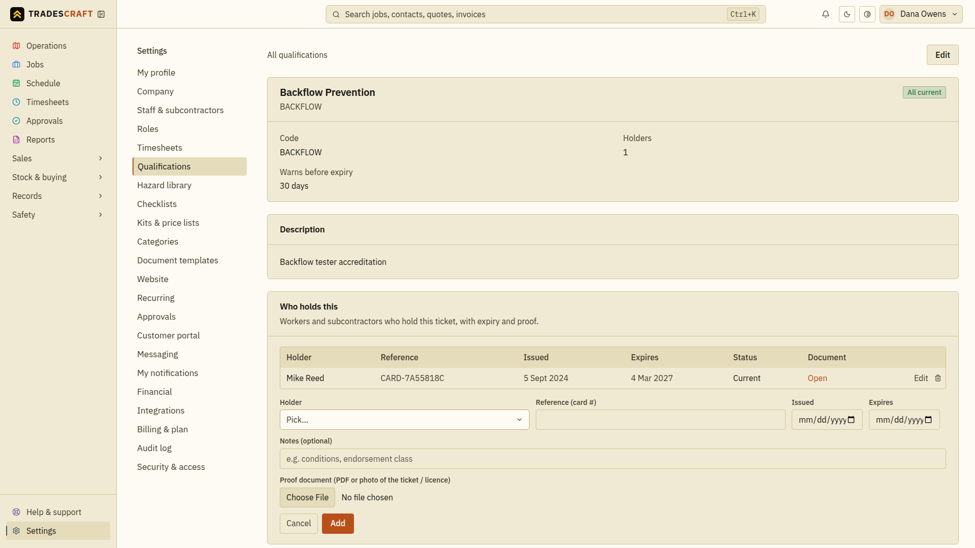 Recording a worker's ticket against a qualification