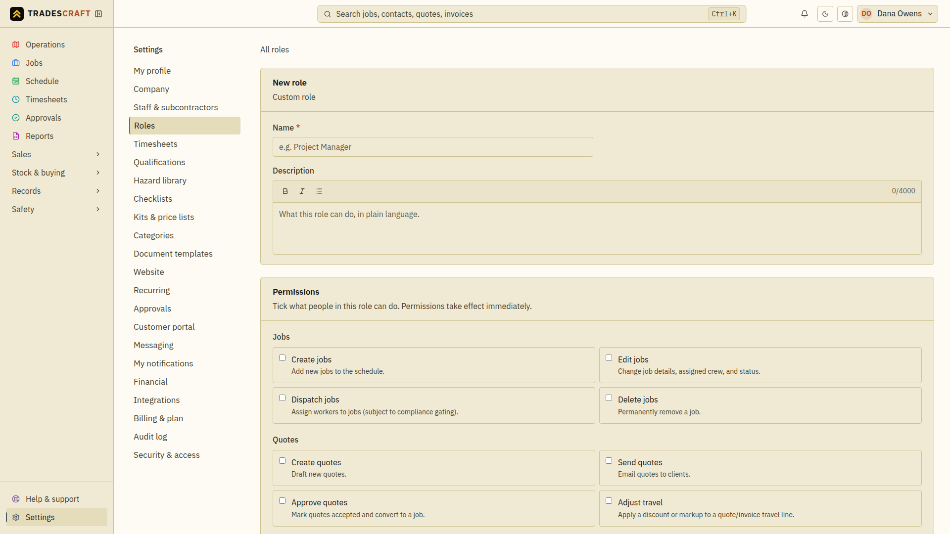The new custom-role form with its name, description and permission choices