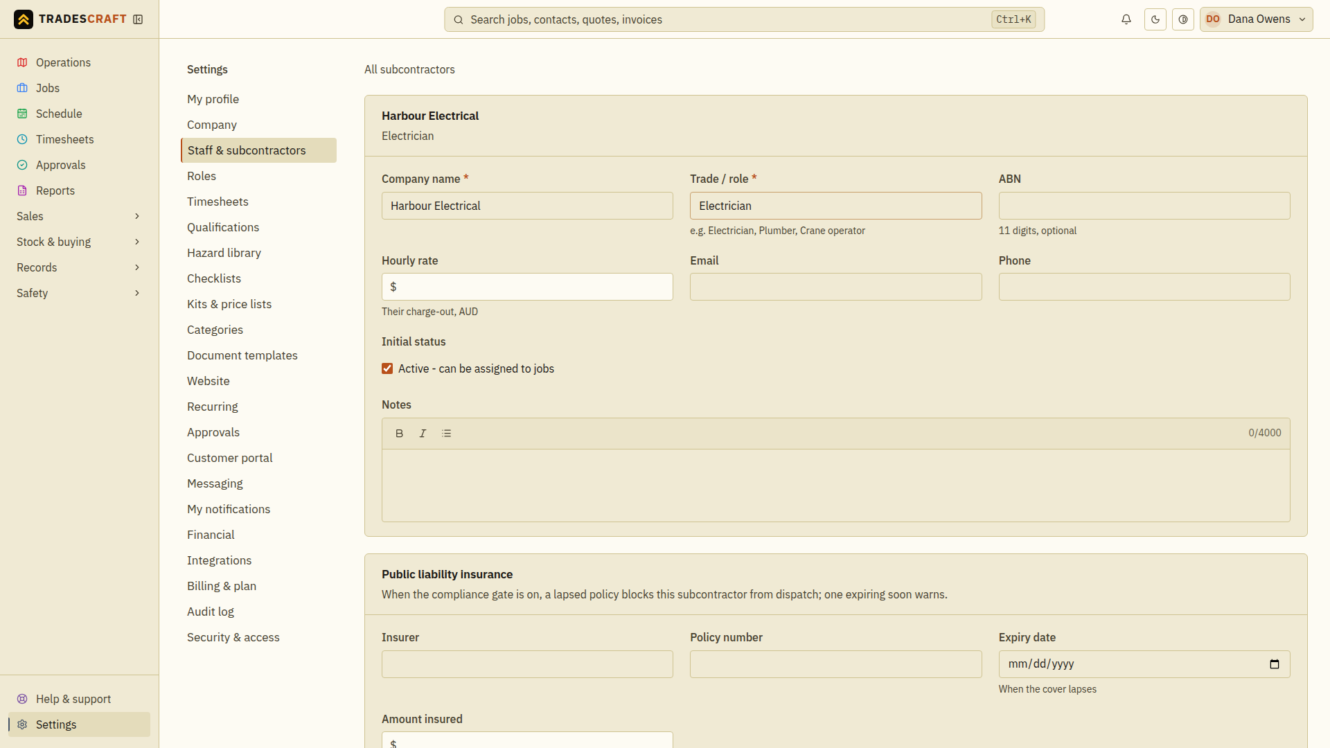 The subcontractor form with company, trade and contact details