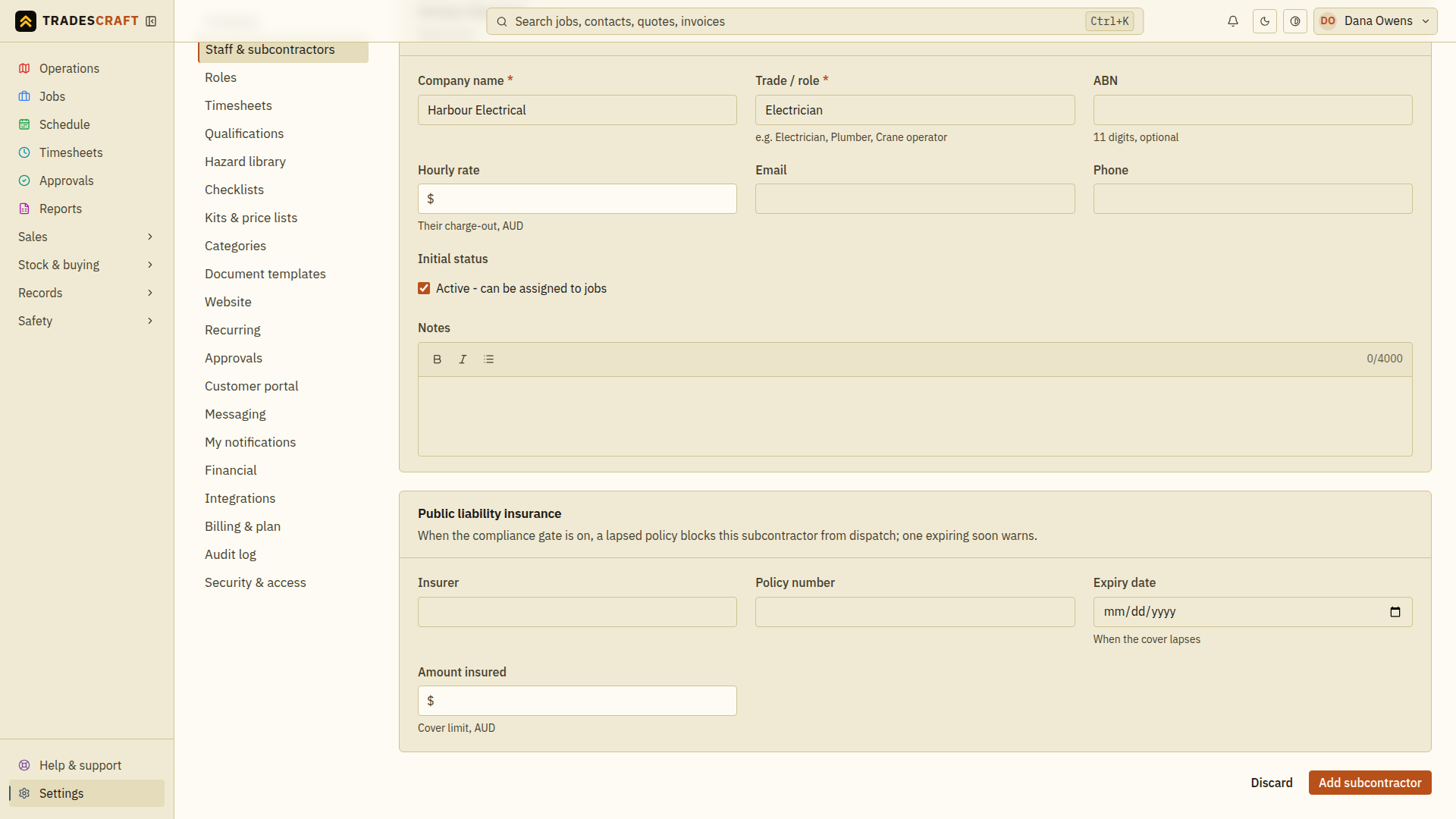 The insurance section of the subcontractor form