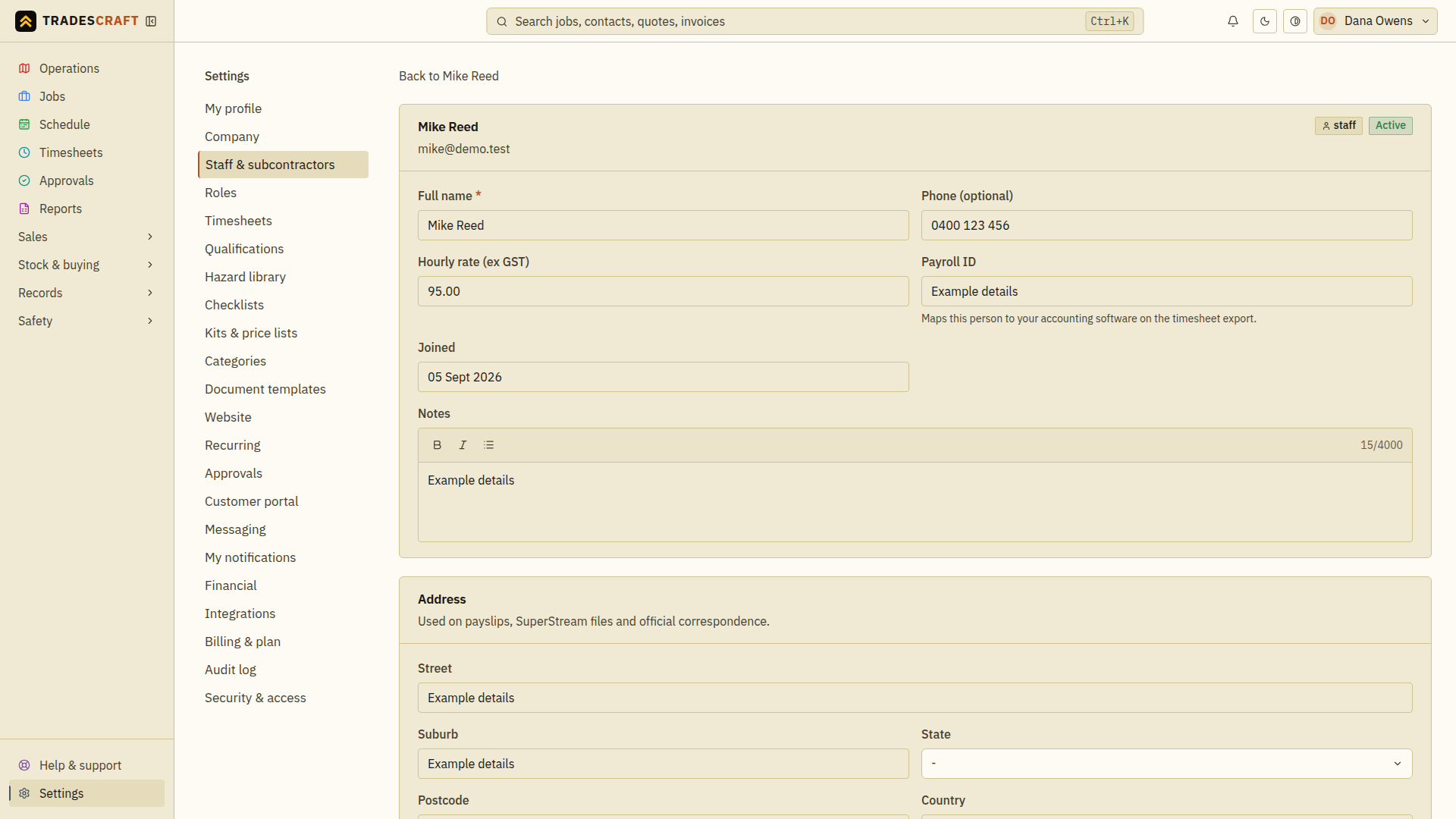 A worker's pay rate and address on their staff record