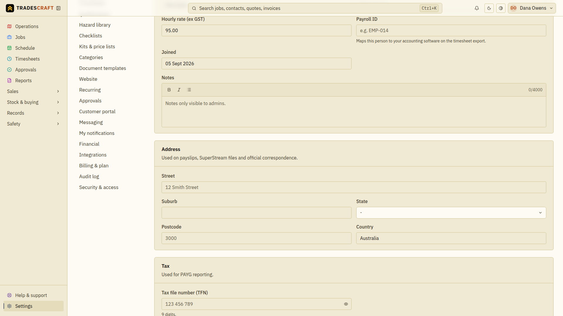 The address and tax fields; continue down the form for bank and super details