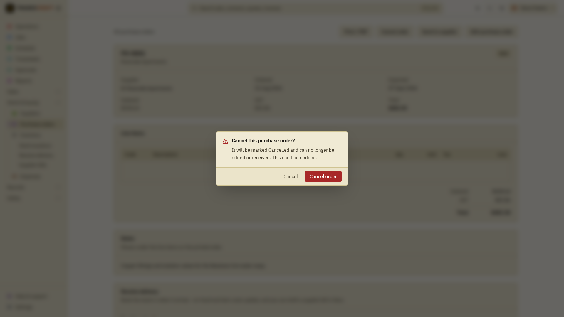 The Cancel order action on a purchase order