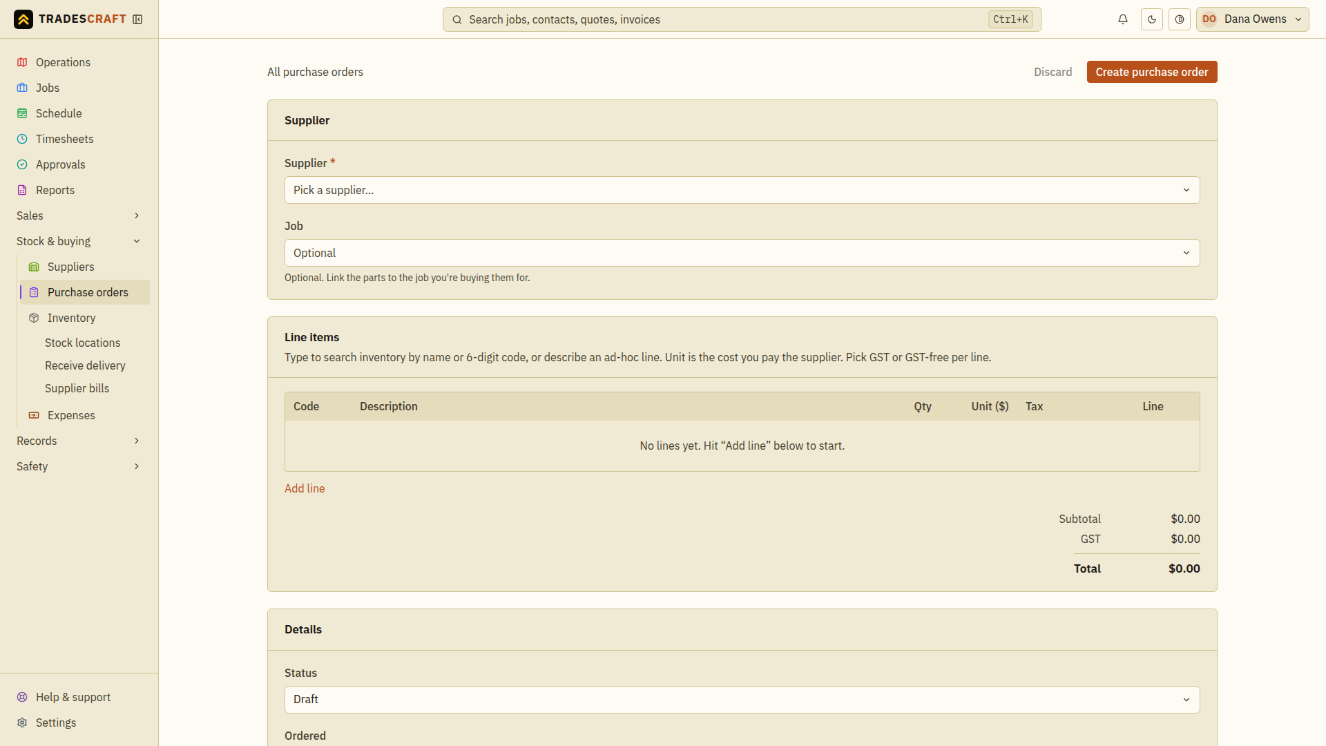 The empty new purchase-order form