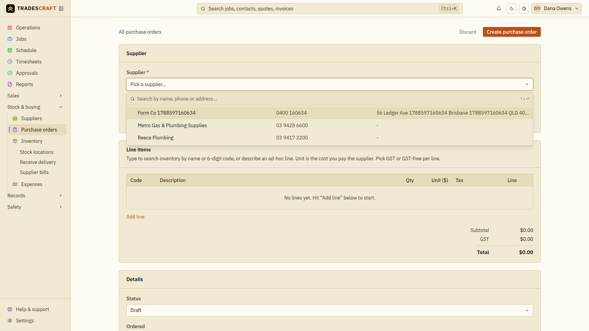 The supplier picker open with the suppliers listed