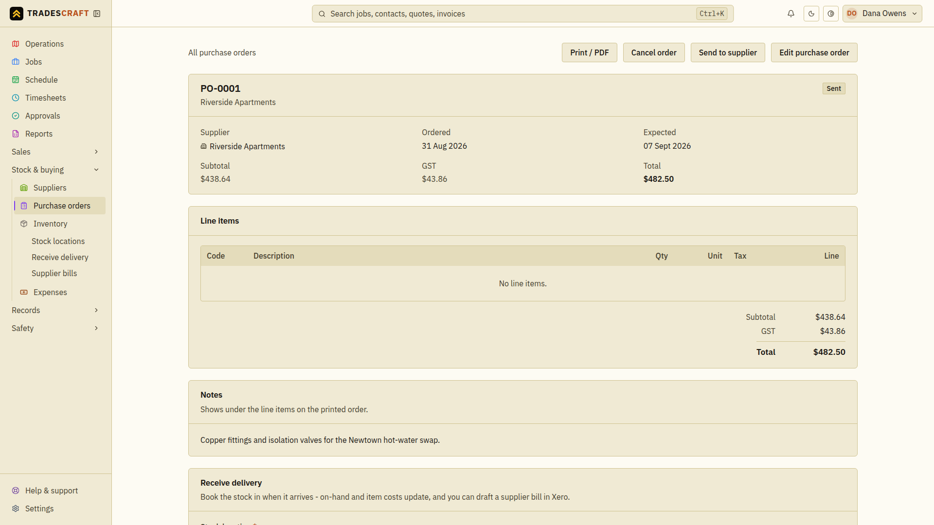 A purchase-order detail page with Send to supplier in the action row