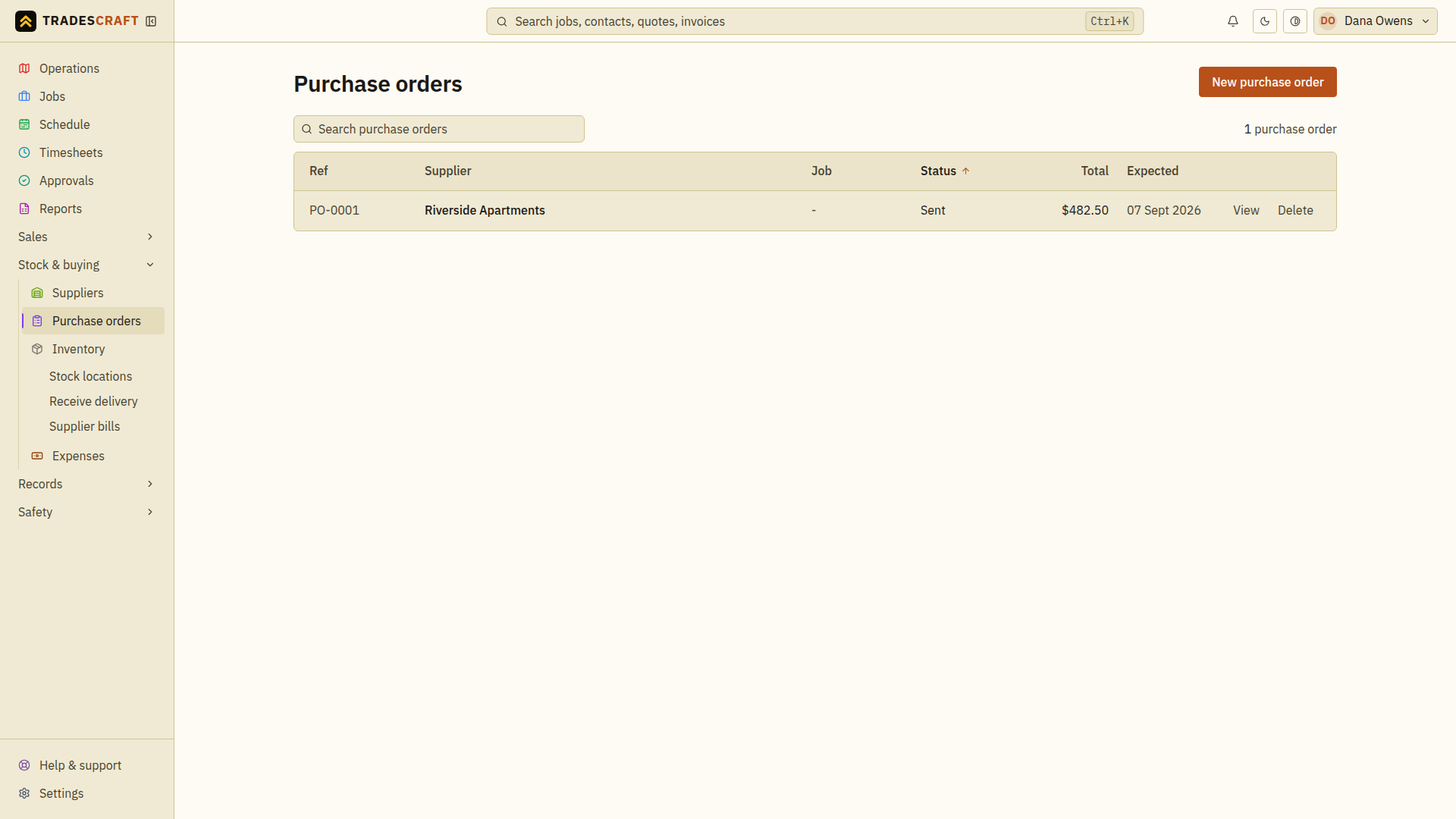 The purchase orders list