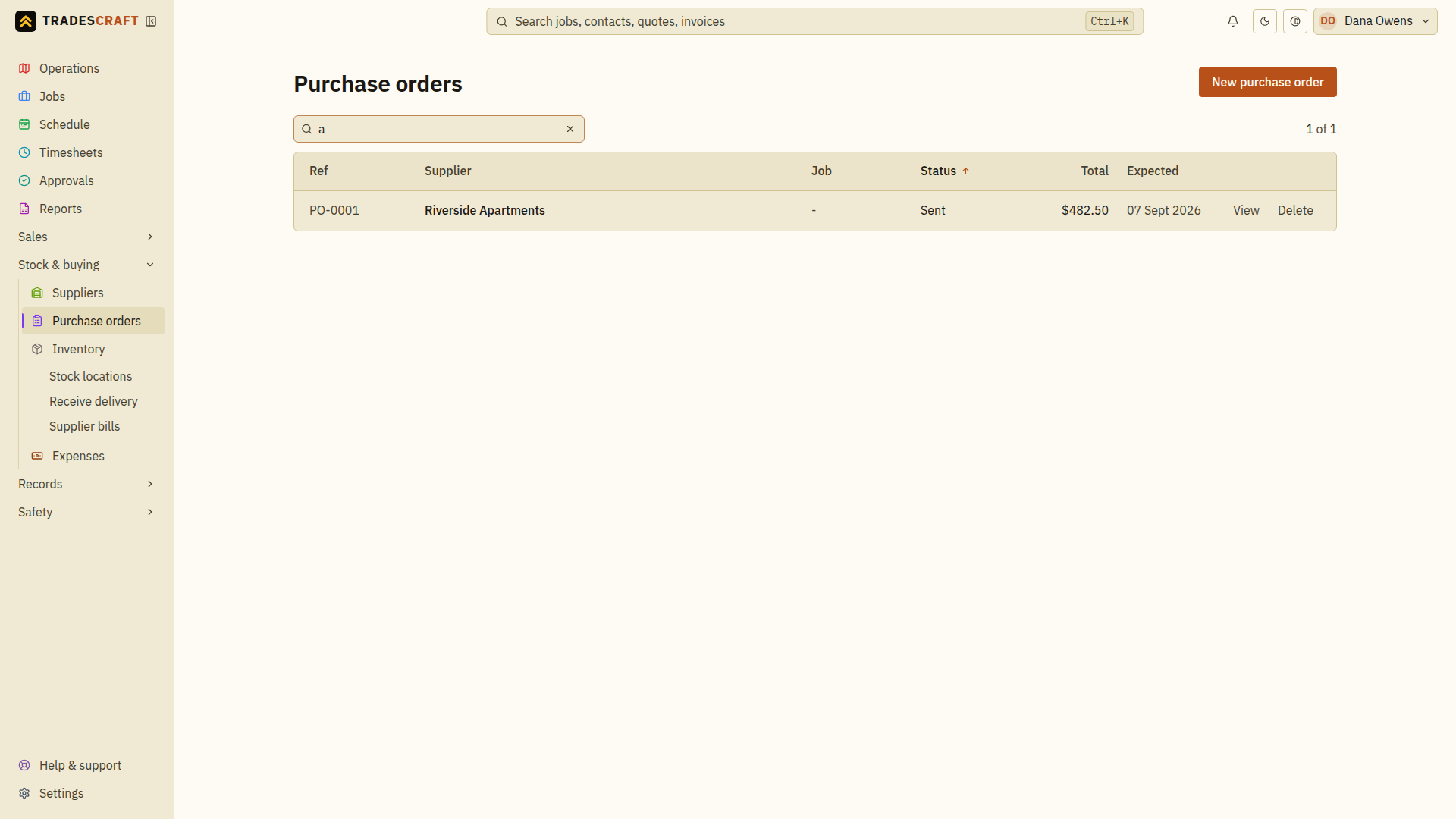 The purchase-order list with supplier, status and totals