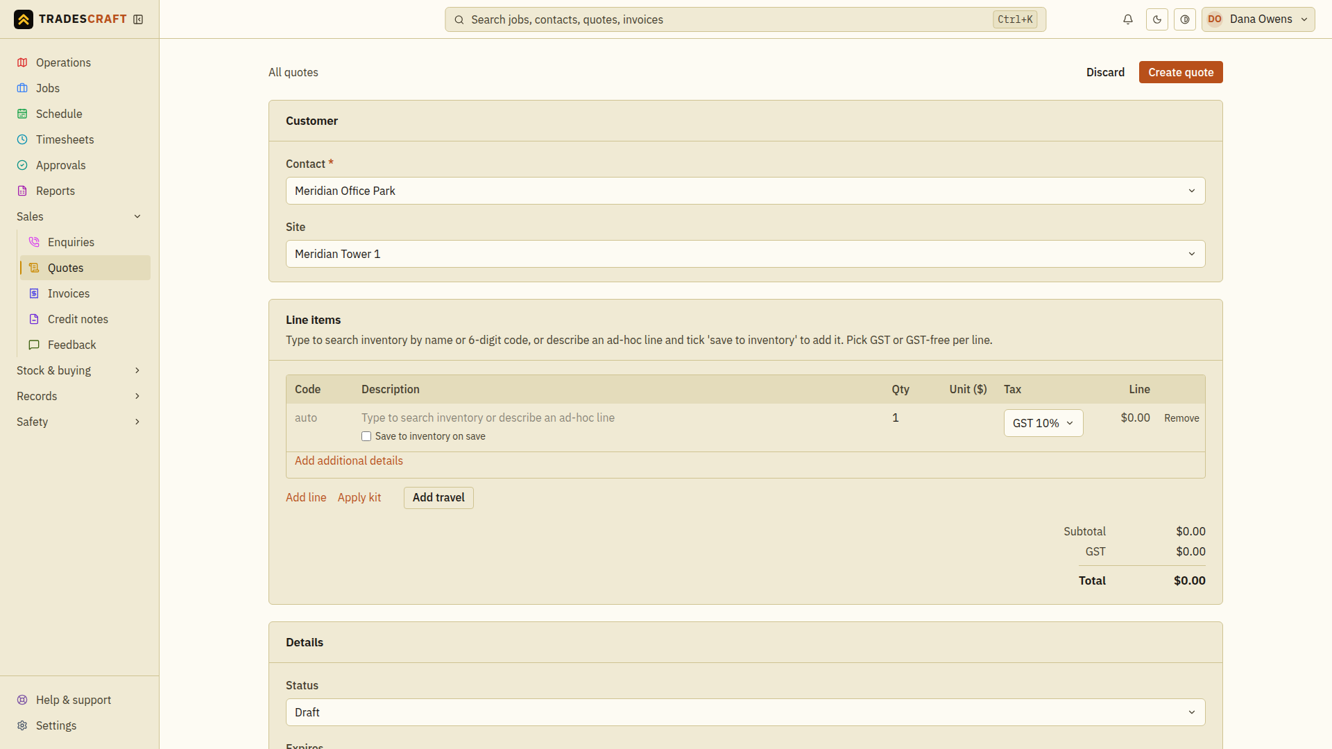 The selected customer and site, with an empty line ready to price
