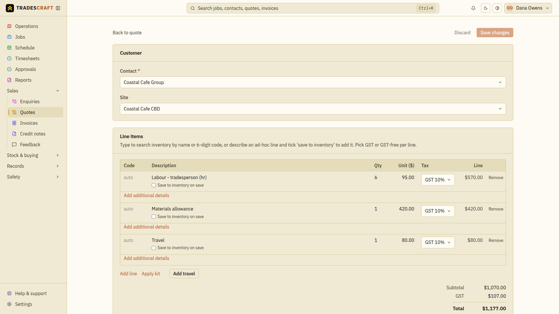 Editing a quote, line items and totals populated