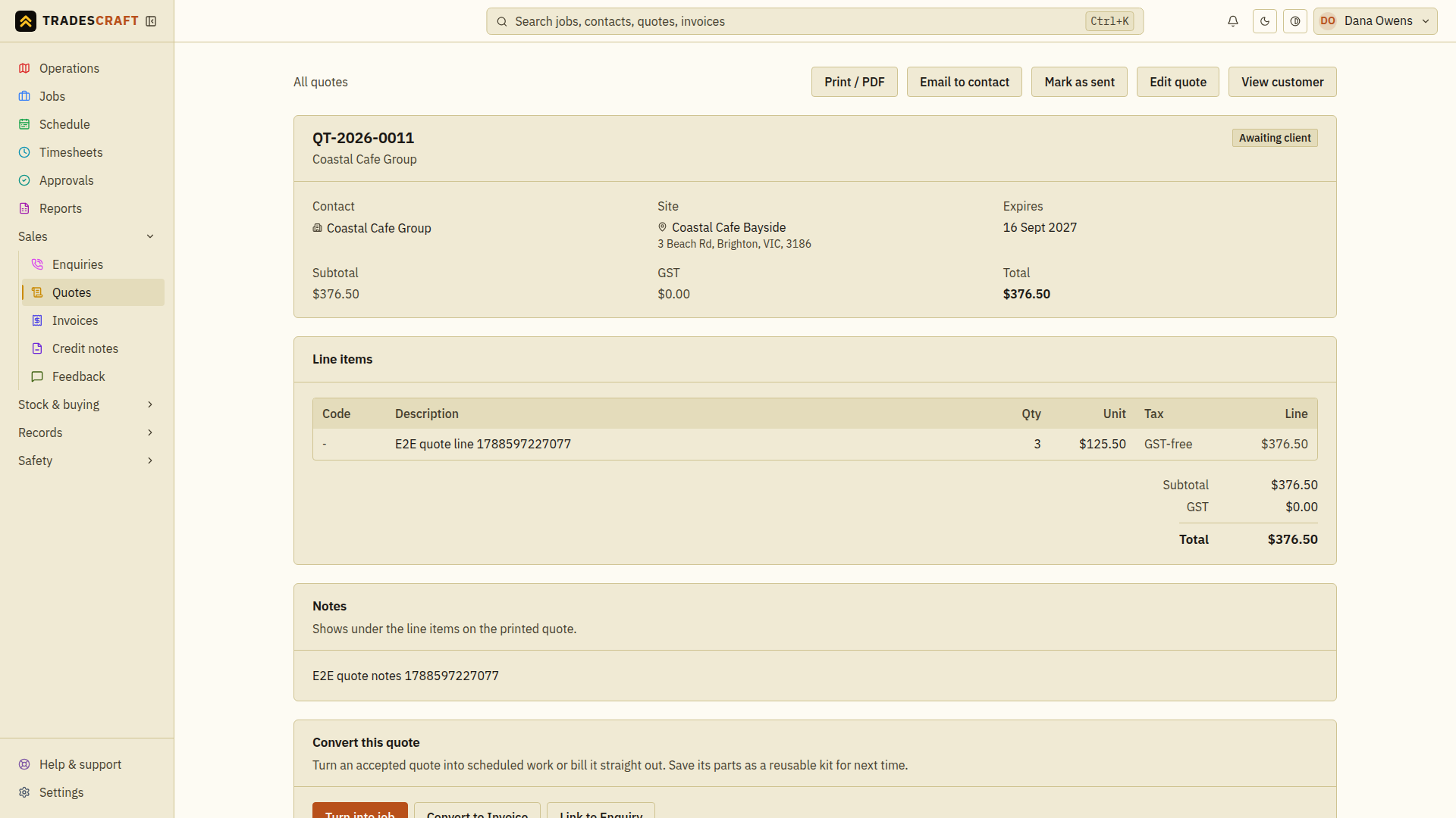 A quote's details page