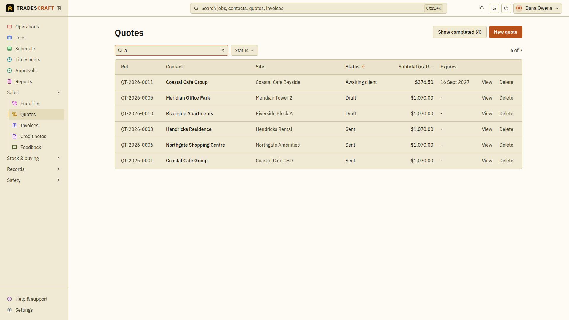 The quote list and its search and status controls