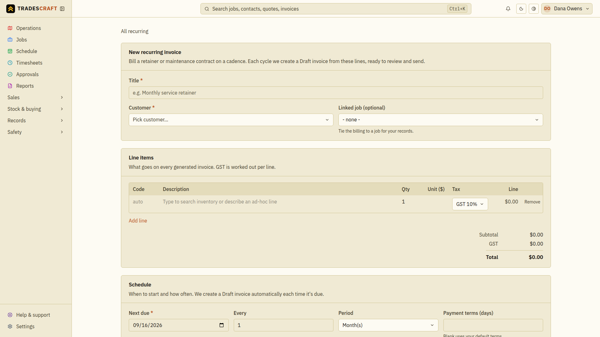 The empty recurring-invoice form