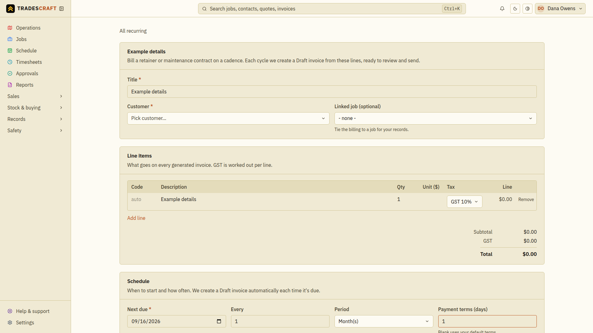 The recurring invoice fields; select a customer and price every line before saving