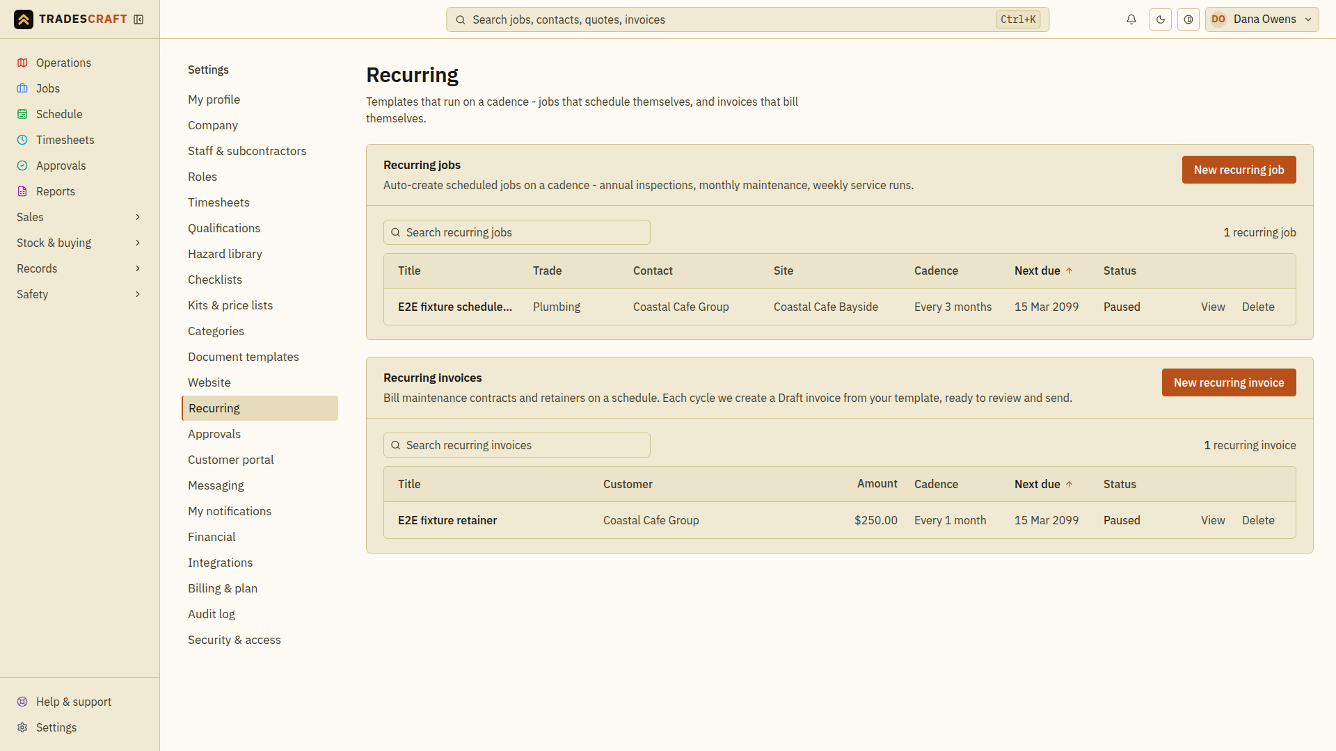 The Recurring list with example schedules, currently paused