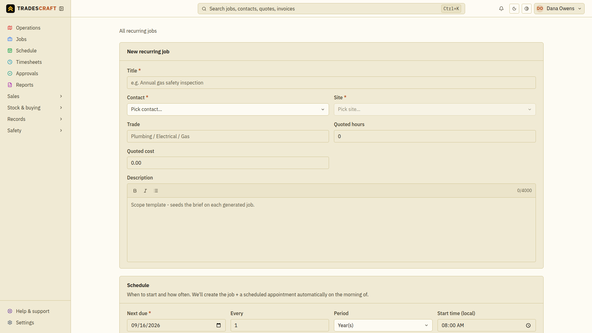 The recurring-job form for service details and its schedule