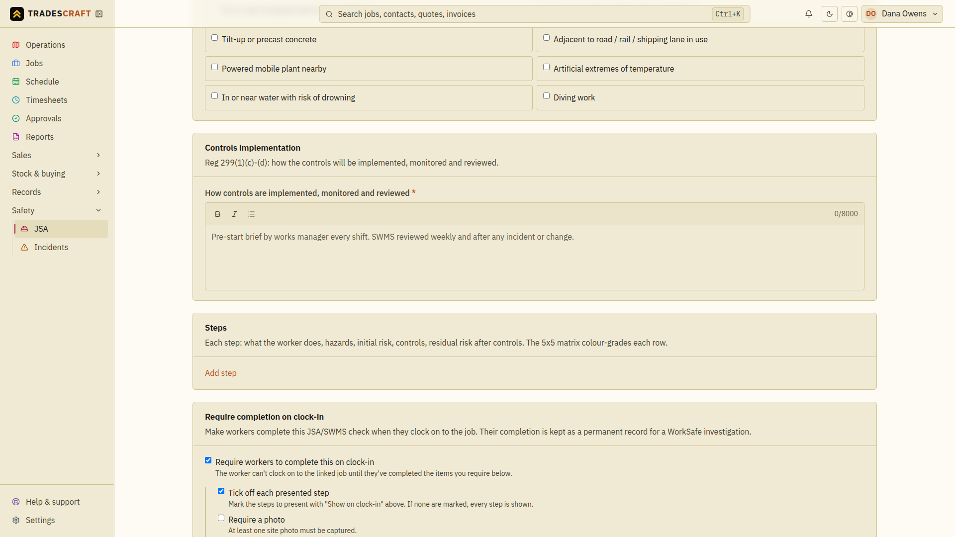 The "Require completion on clock-in" section of the JSA form