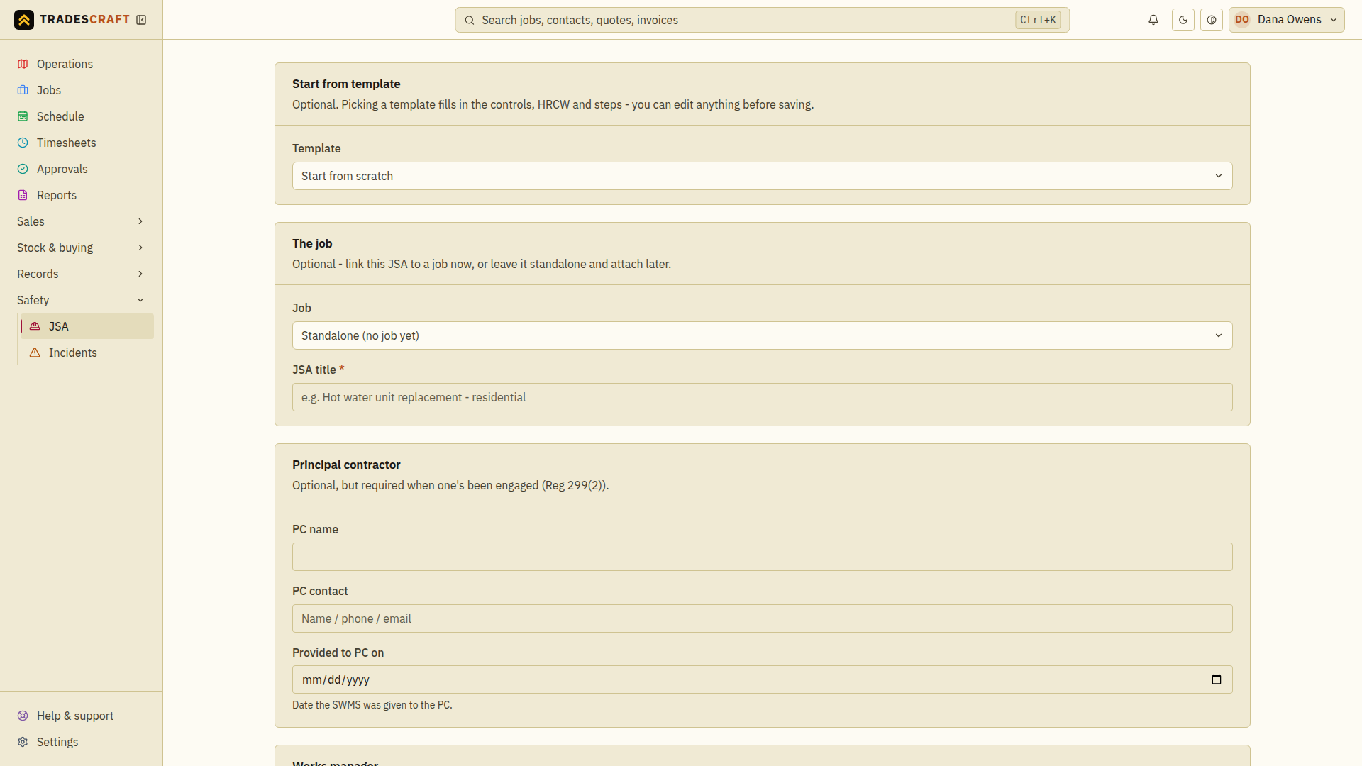 The new JSA form showing template, job and principal-contractor fields