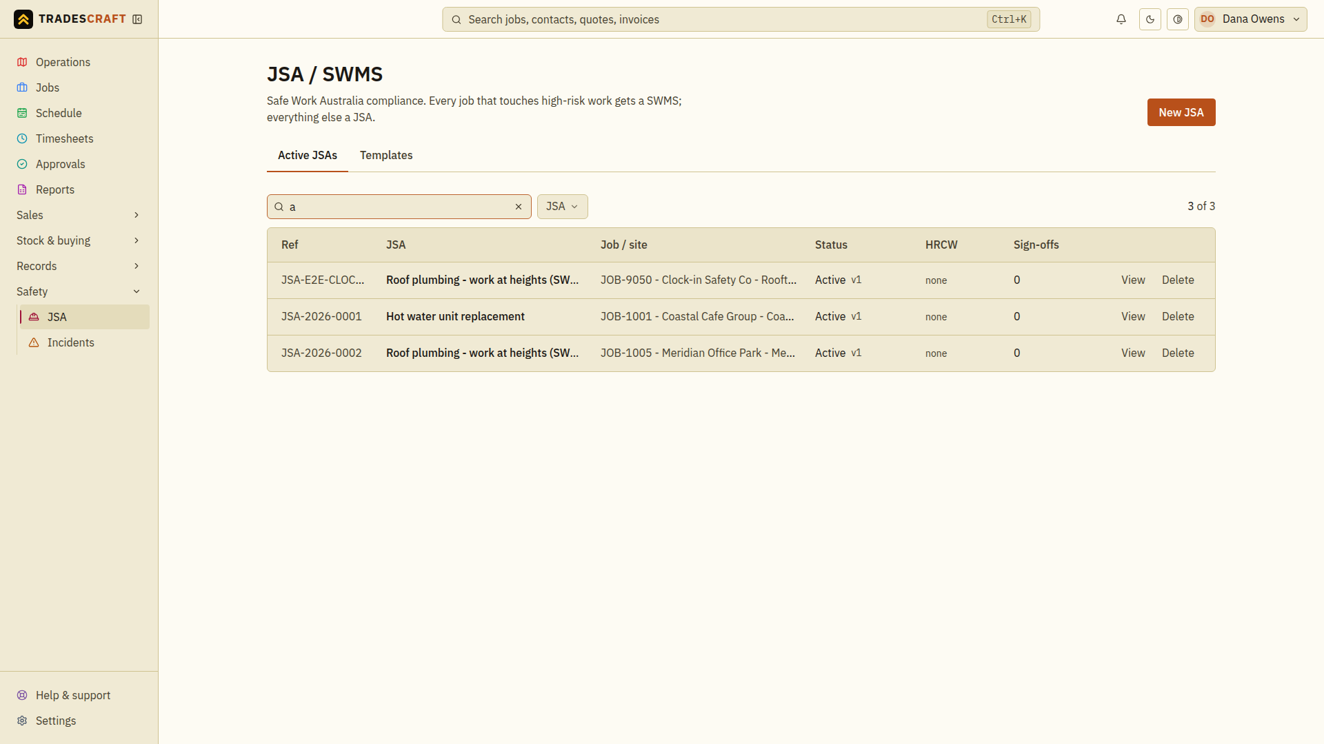 The JSA list with its search box and status column