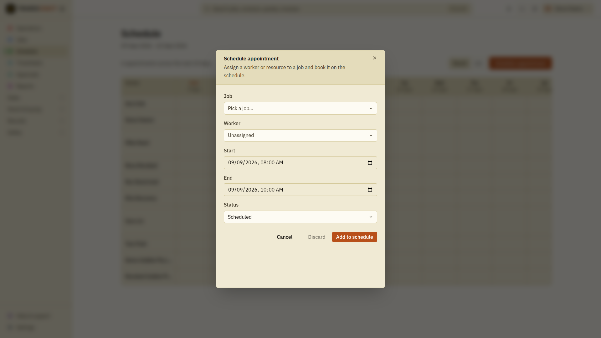 The booking panel - assign a worker to a job