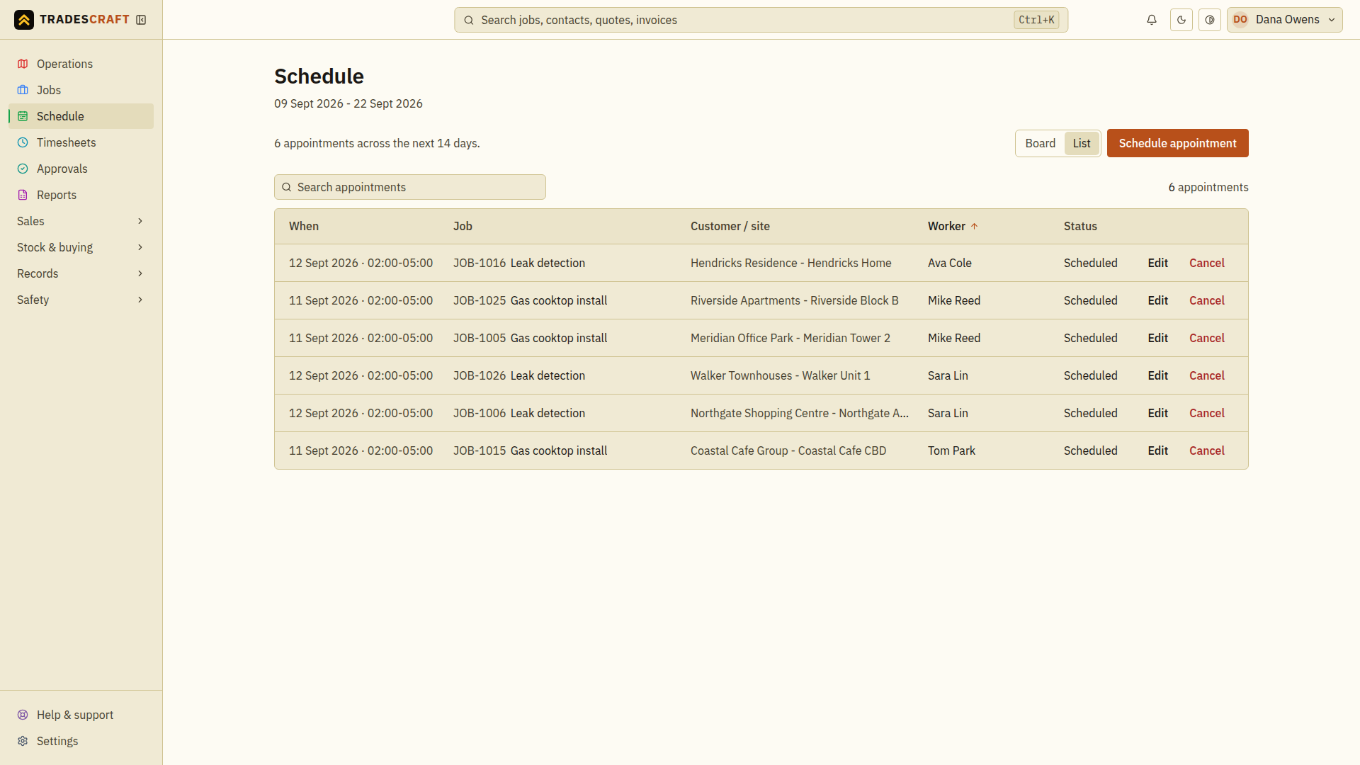 The List view with the Worker filter open