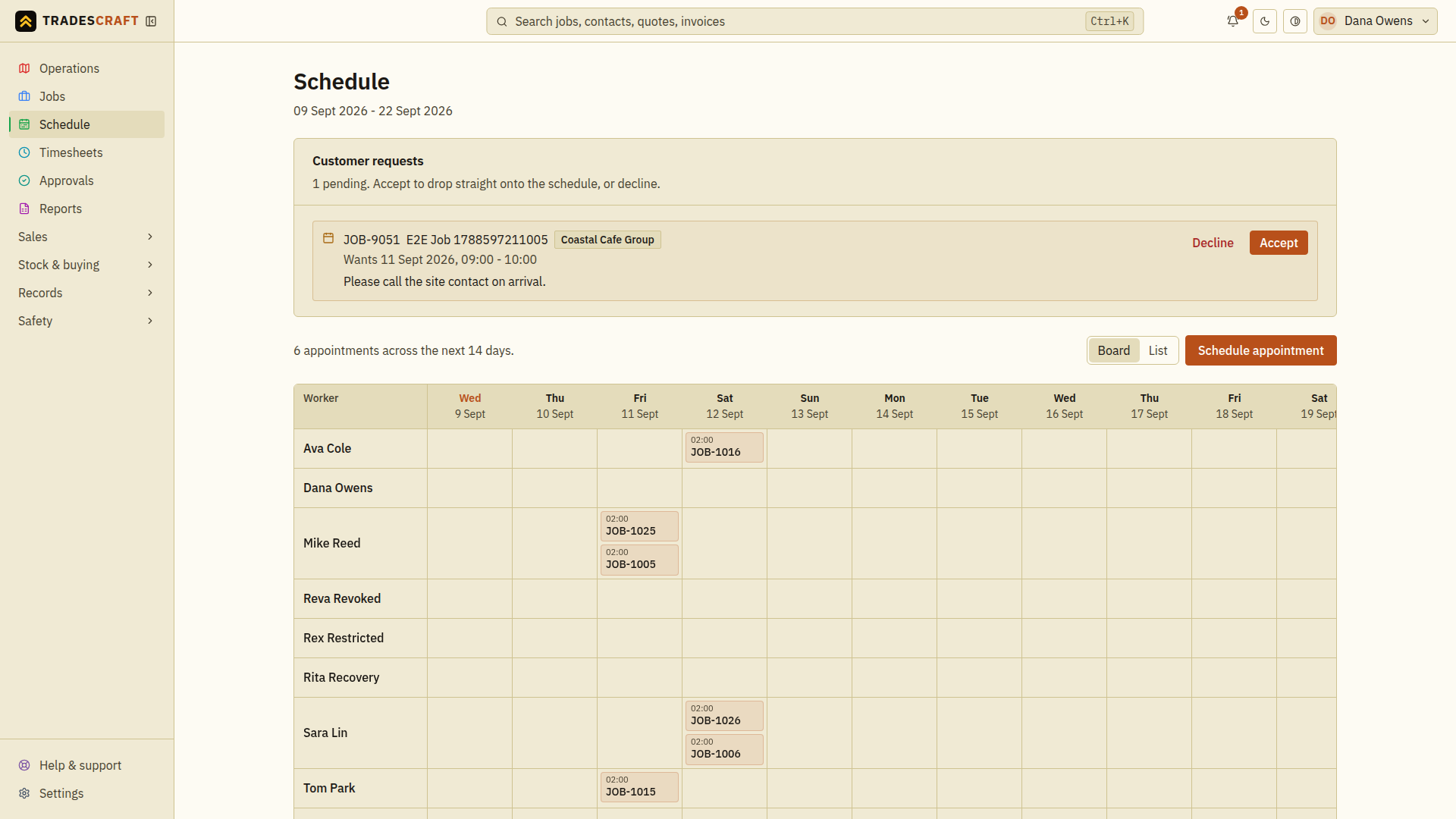 A pending customer booking request on the schedule