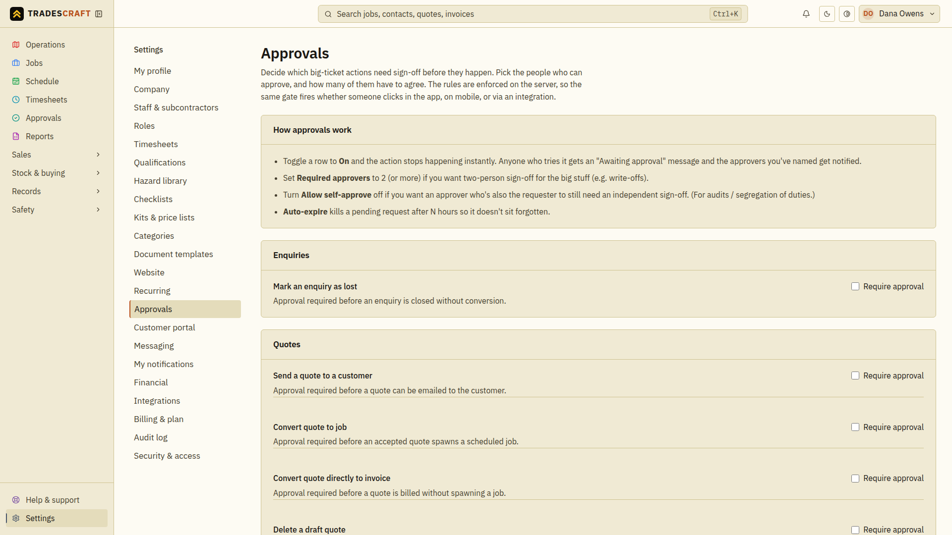 The Approvals settings with Require approval controls grouped by action
