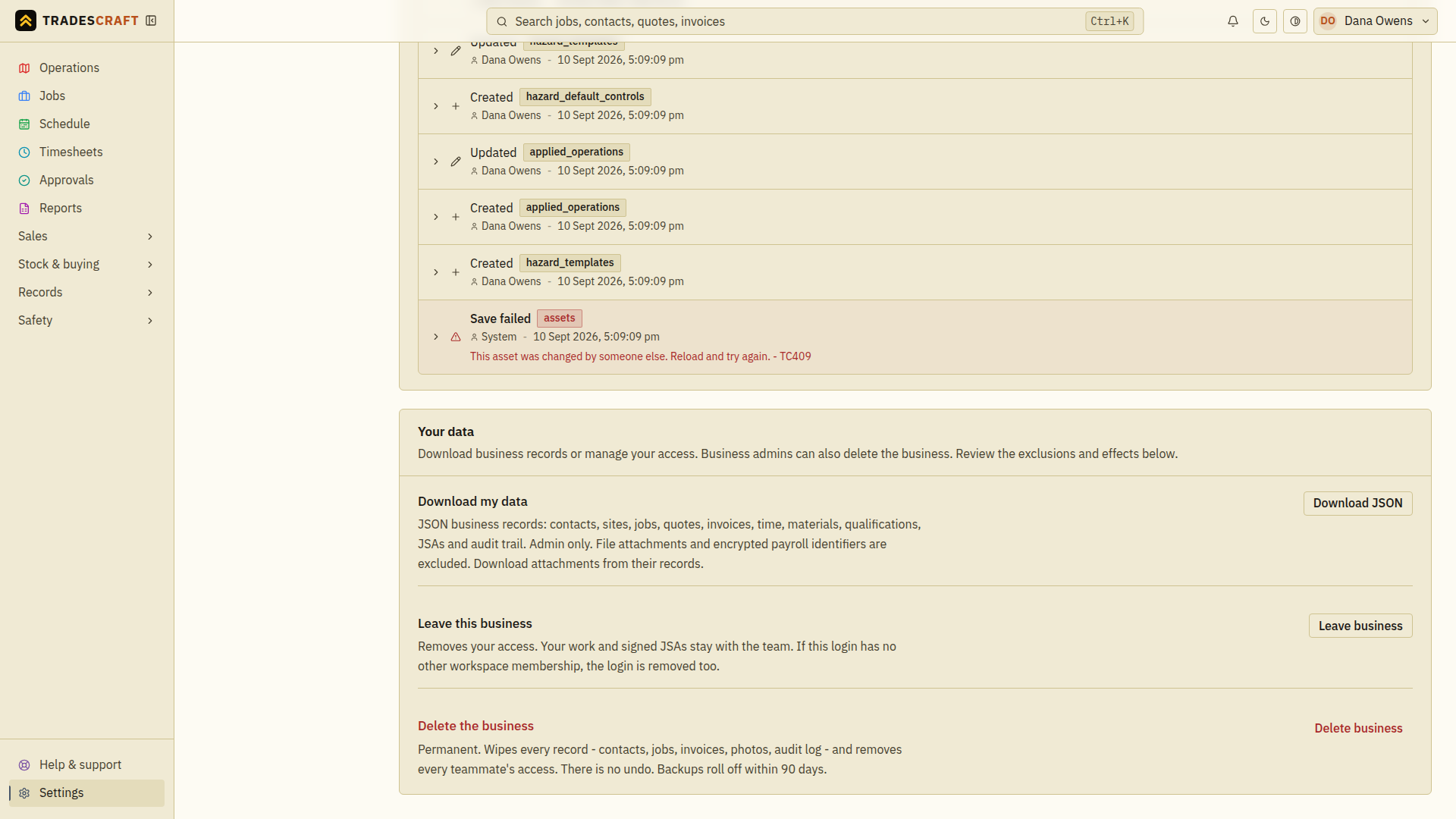 The Your data section with download, leave and delete controls