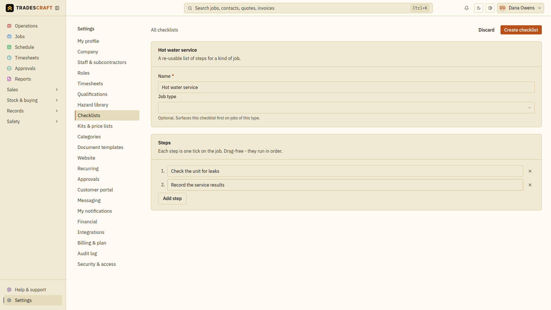 A checklist being created with a name and two separate work steps
