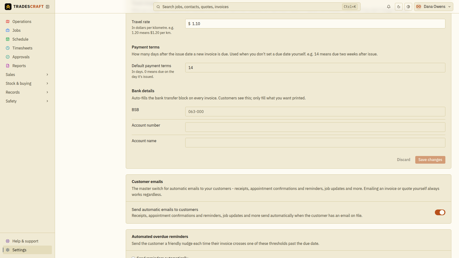 Travel charges, payment terms and bank details, which share a Save changes button