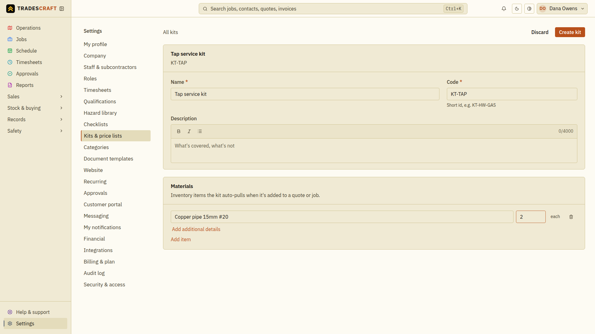 A new kit with its name, code and a selected material and quantity