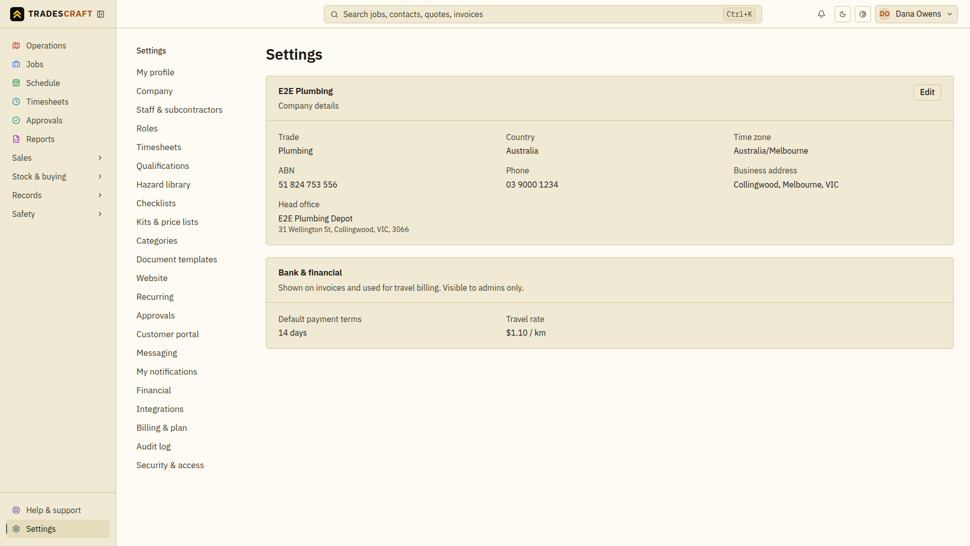 The Settings home, with the business summary and Settings menu