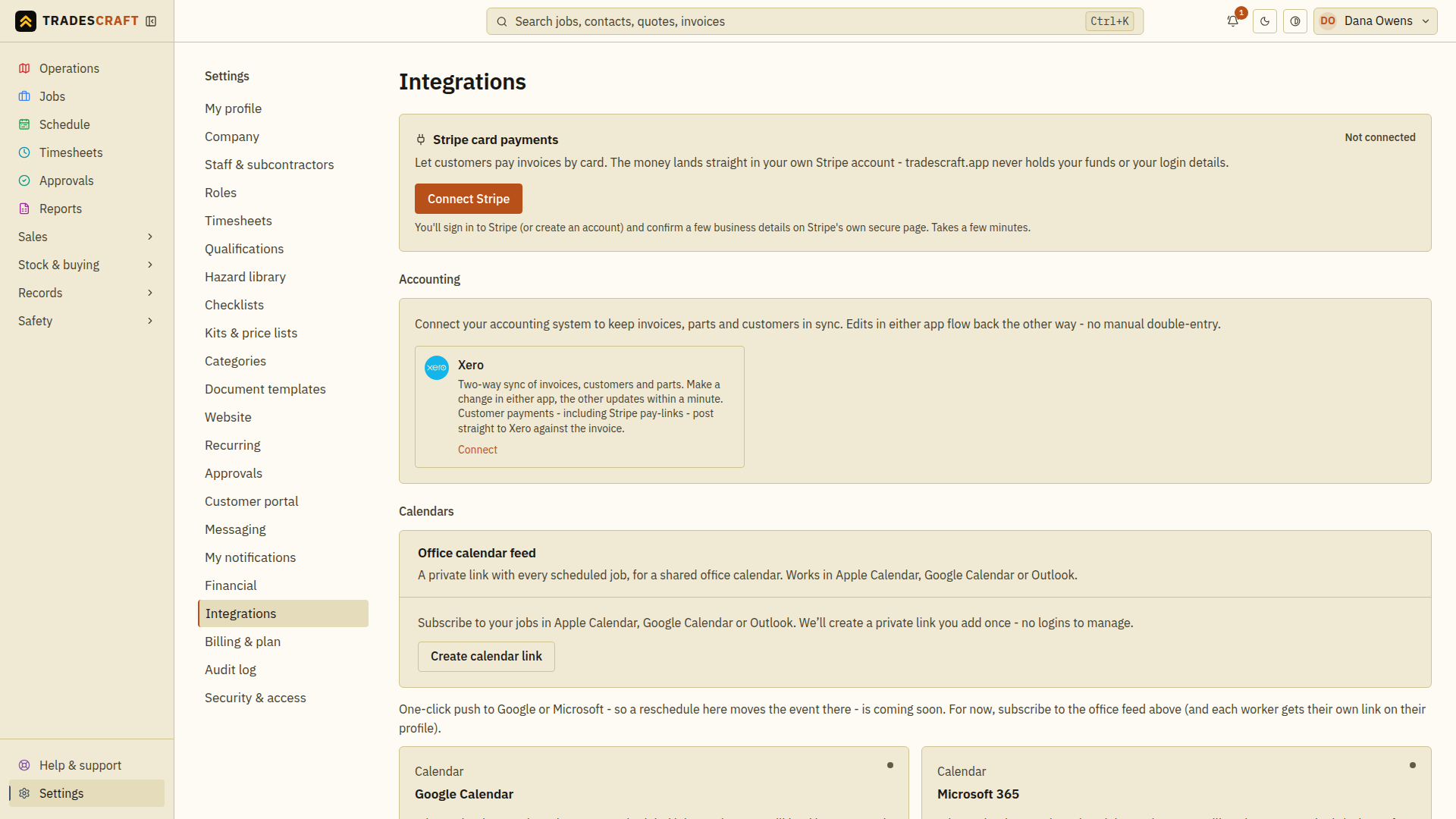 The Stripe card payments card on Integrations