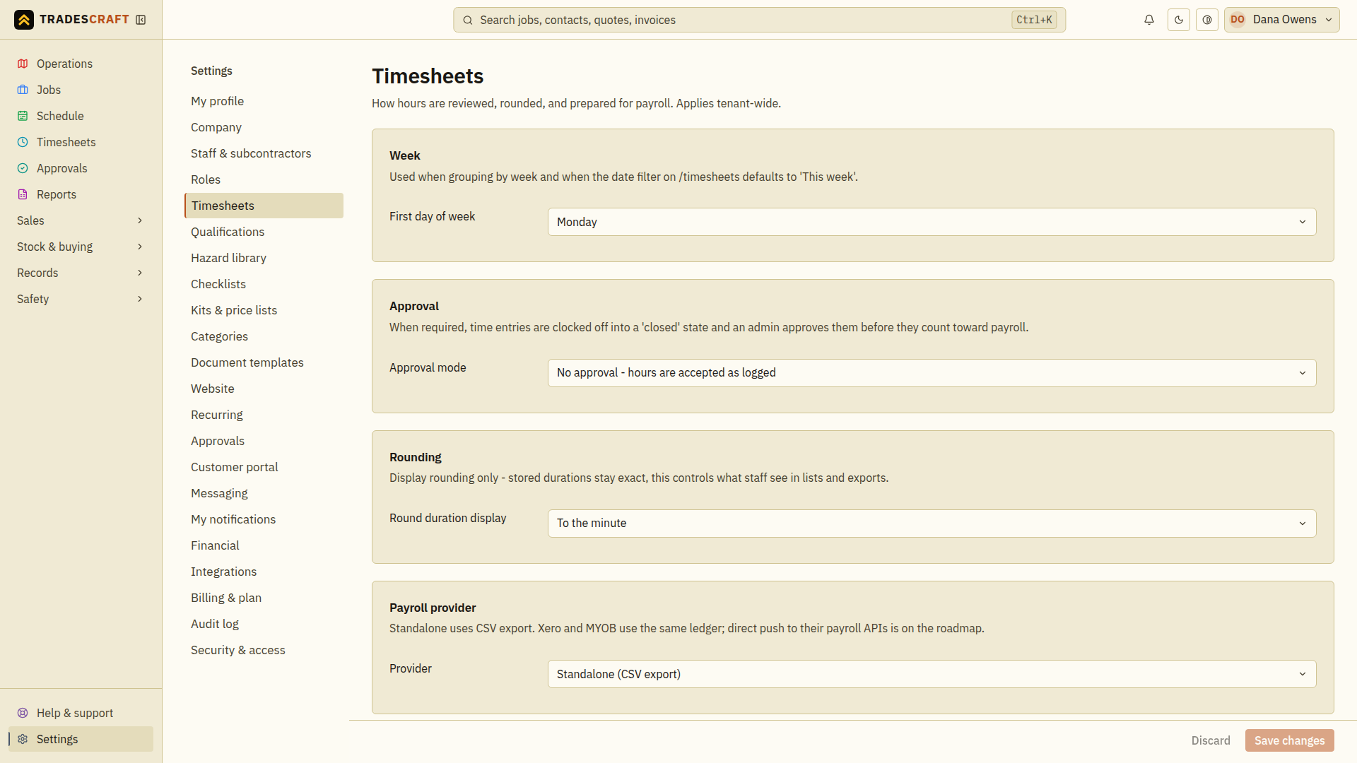 The timesheet settings