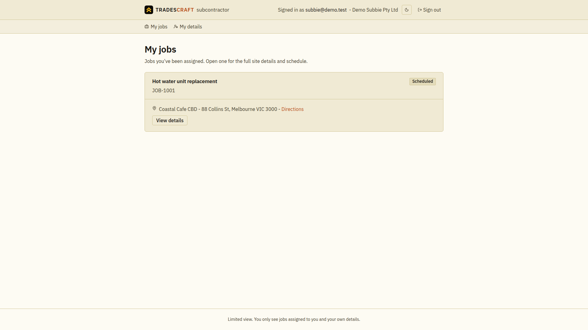 A subcontractor's "My jobs" screen