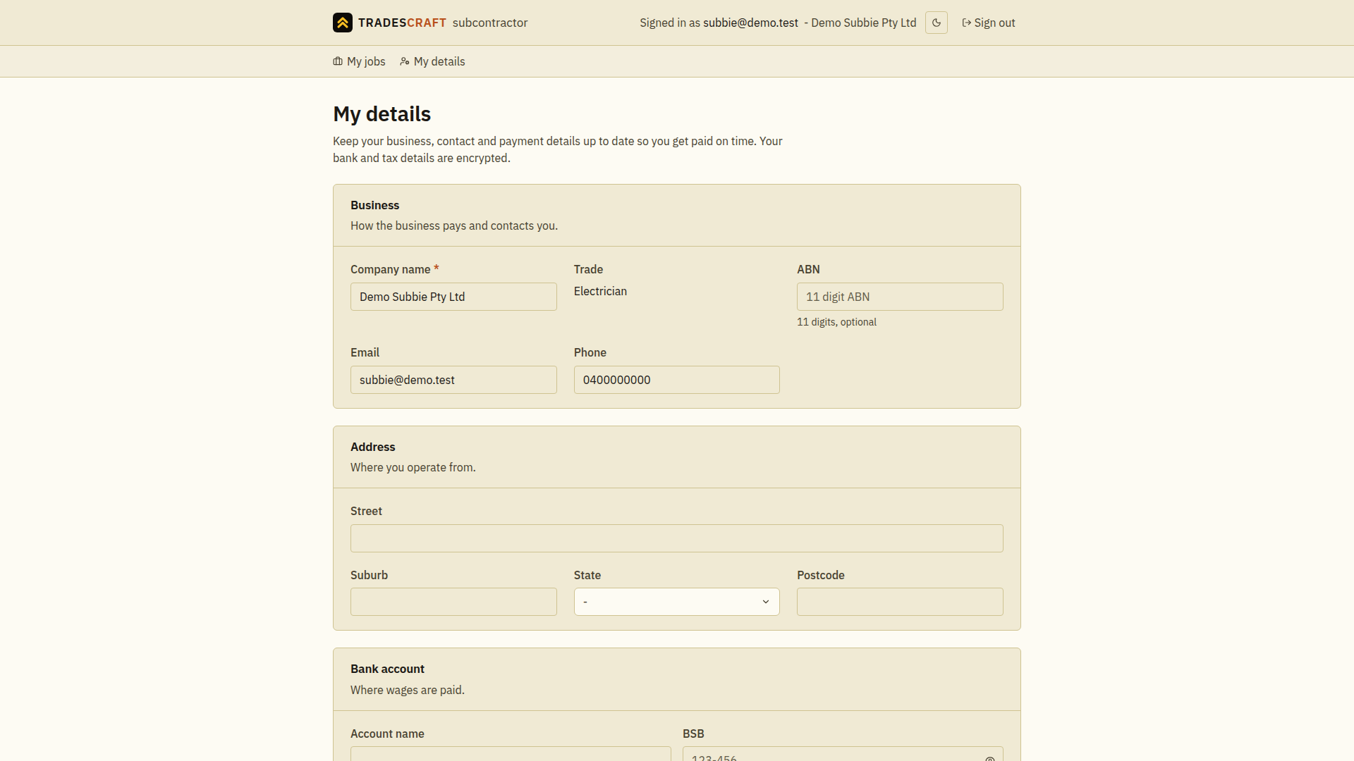 The subcontractor "My details" screen