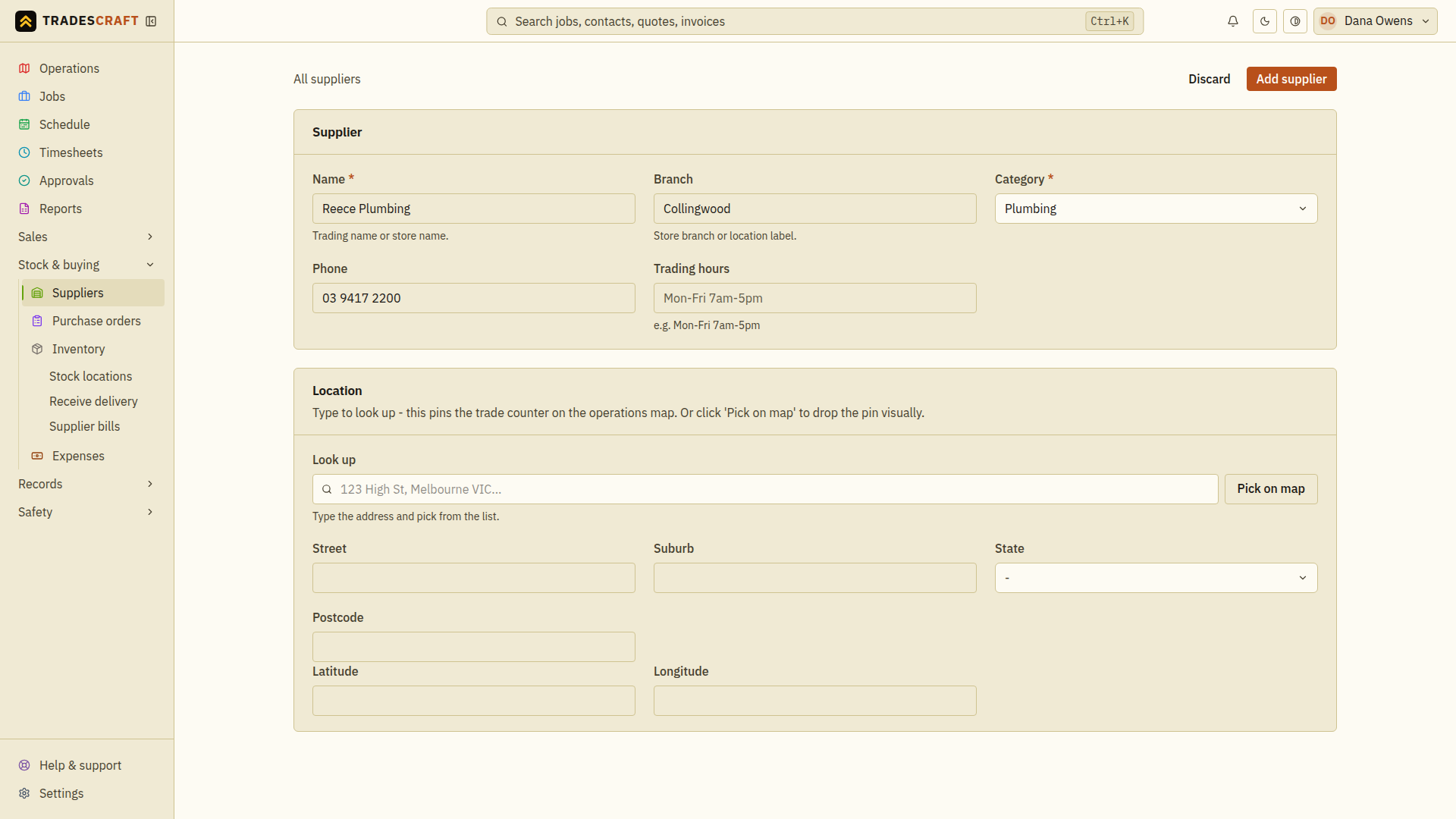 The supplier form filled in with name, category and trade-counter details