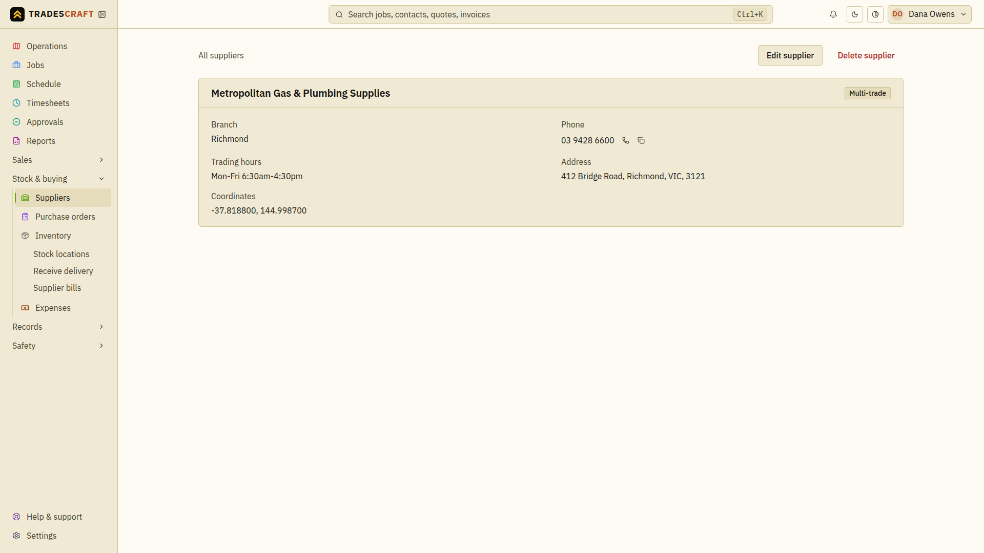 An example supplier detail page with address, phone and trading hours