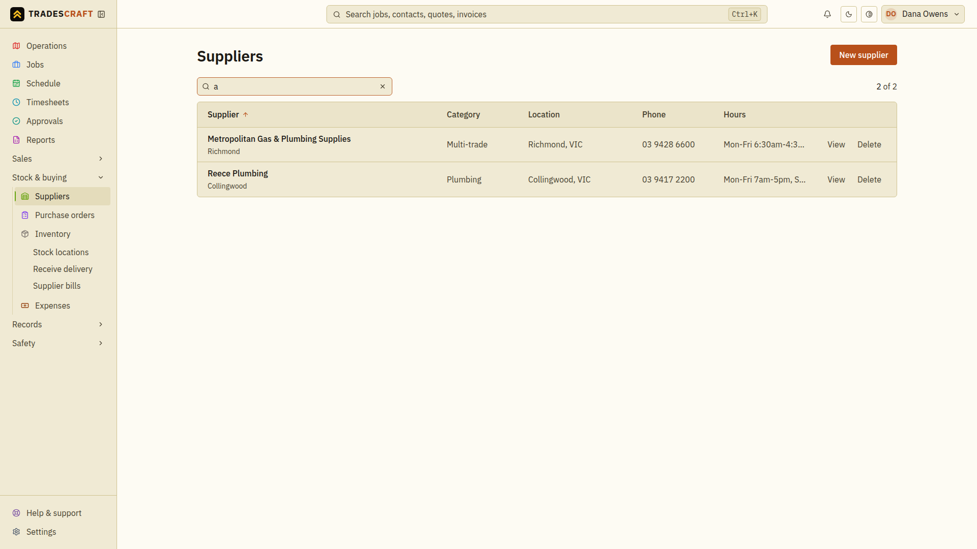 The supplier list with category and trade-counter details