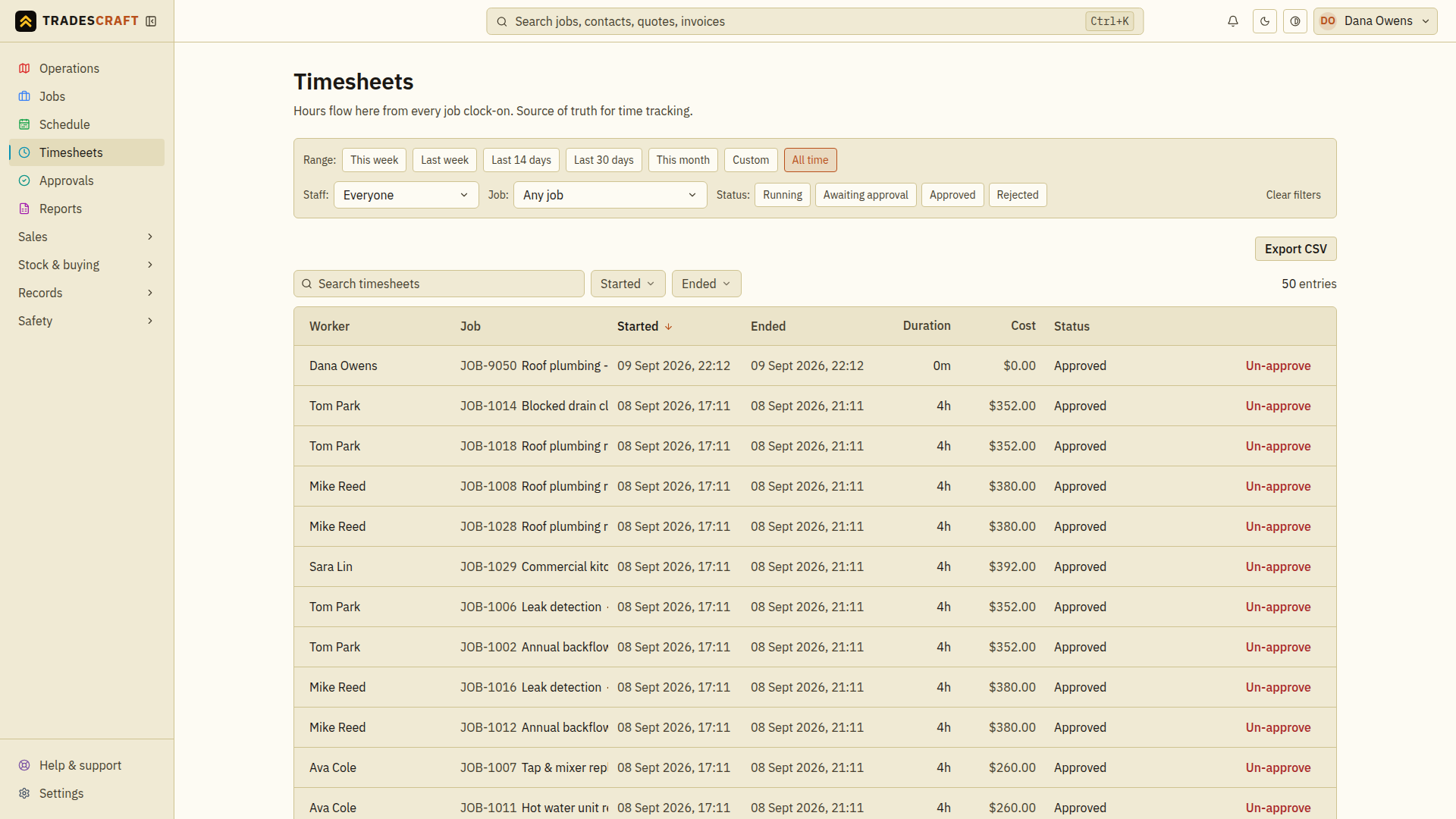 Timesheets with entries loaded and Export CSV above the table