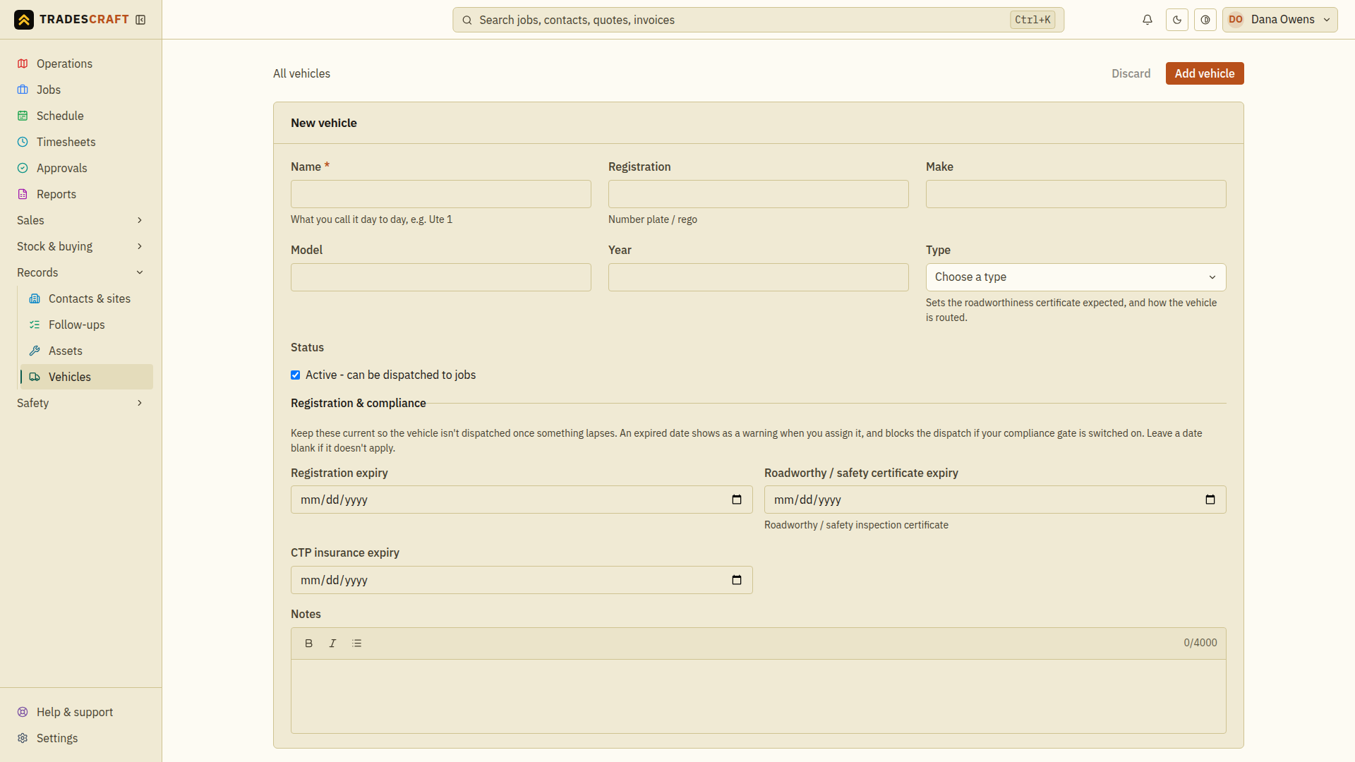 The empty new-vehicle form