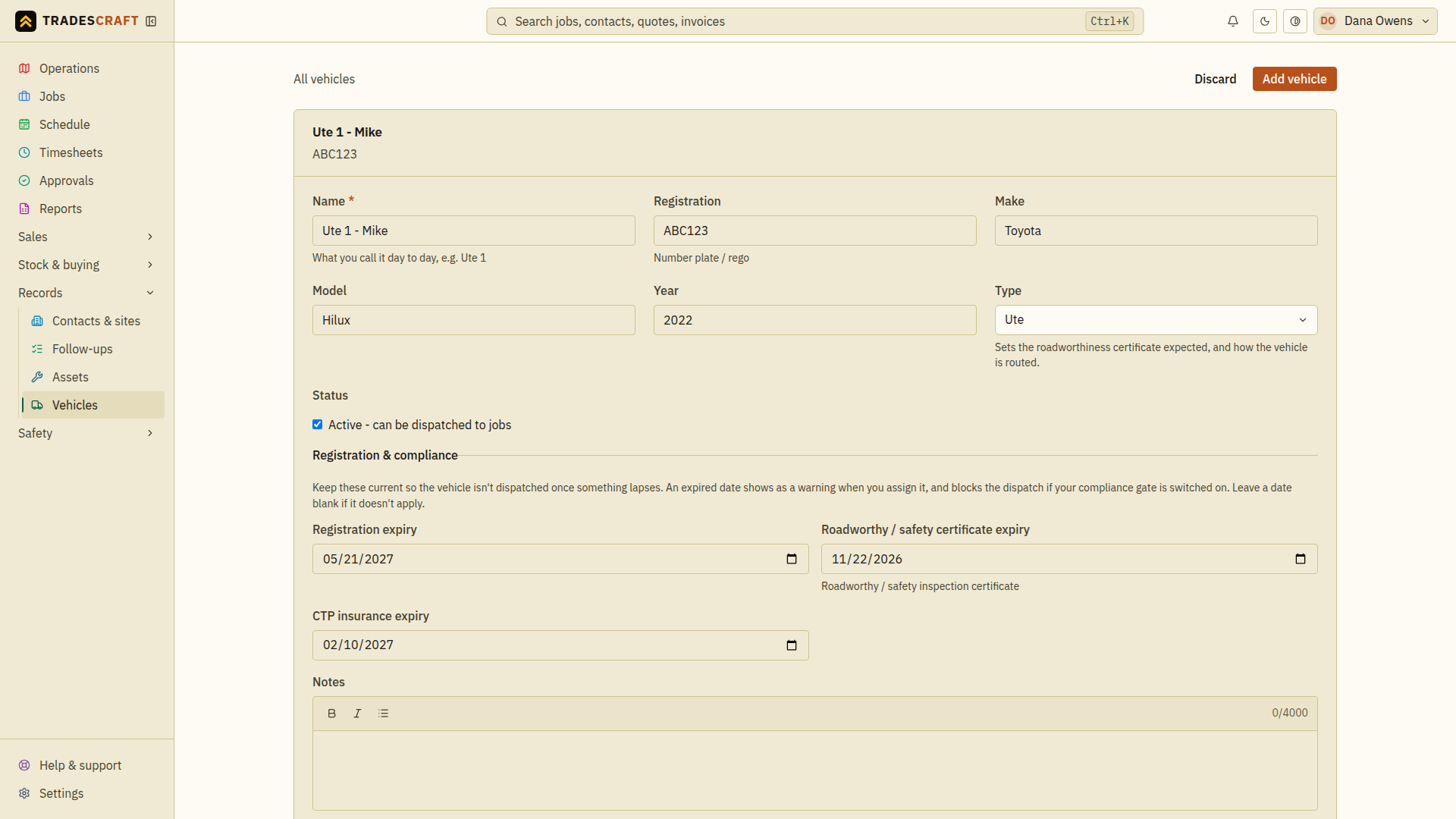 The vehicle form filled in, with the compliance dates
