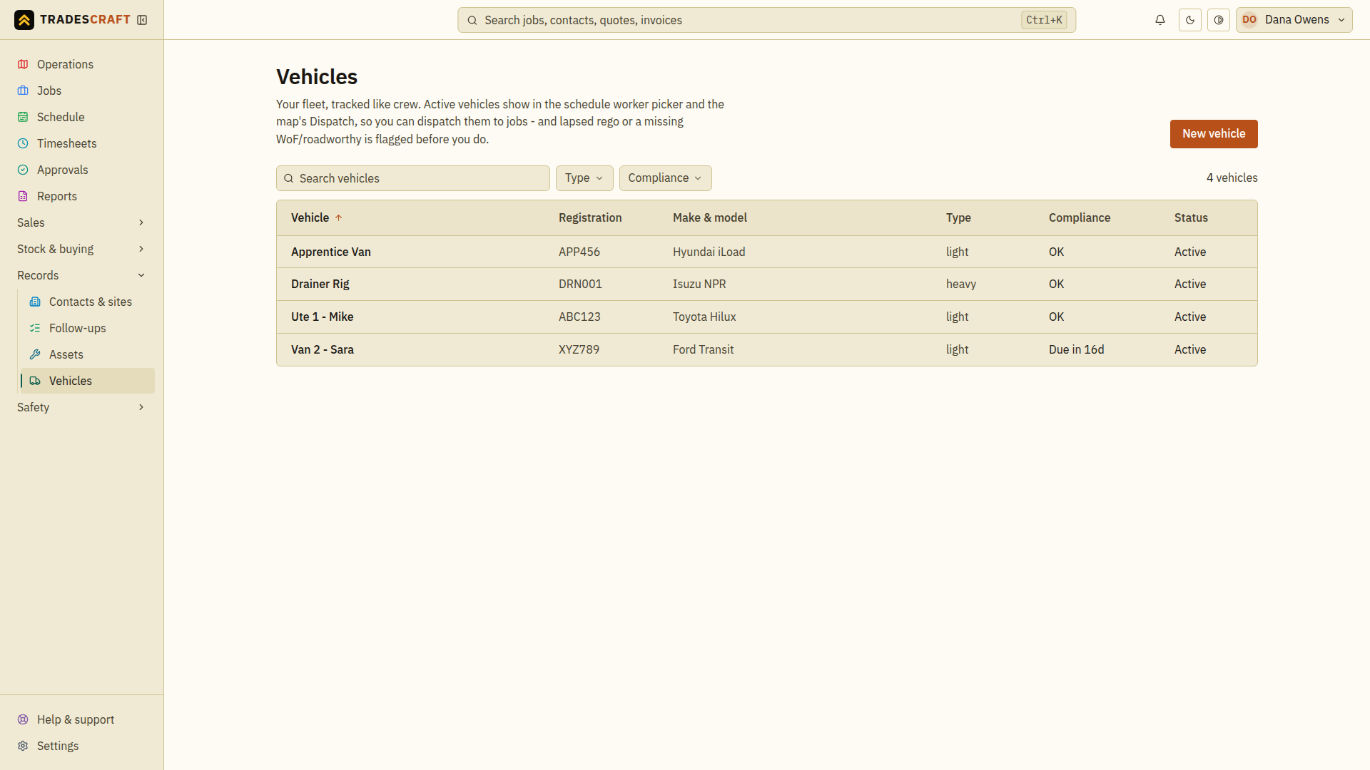 The vehicles list