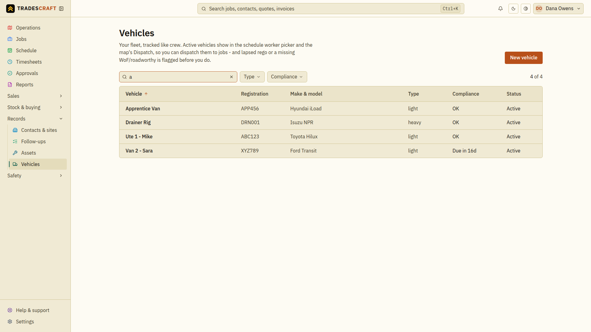 The vehicle list with its search box and status column